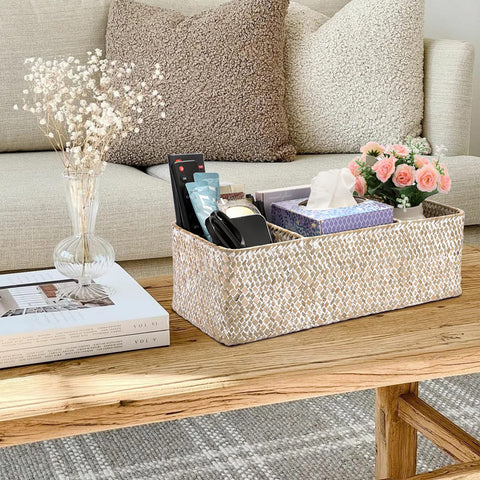 IGNPION 3-compartment Seagrass Storage Basket Woven Seagrass Desktop Baskets Rectangular Organiser Box Shelves & Desks Decorative Basket for Sundries