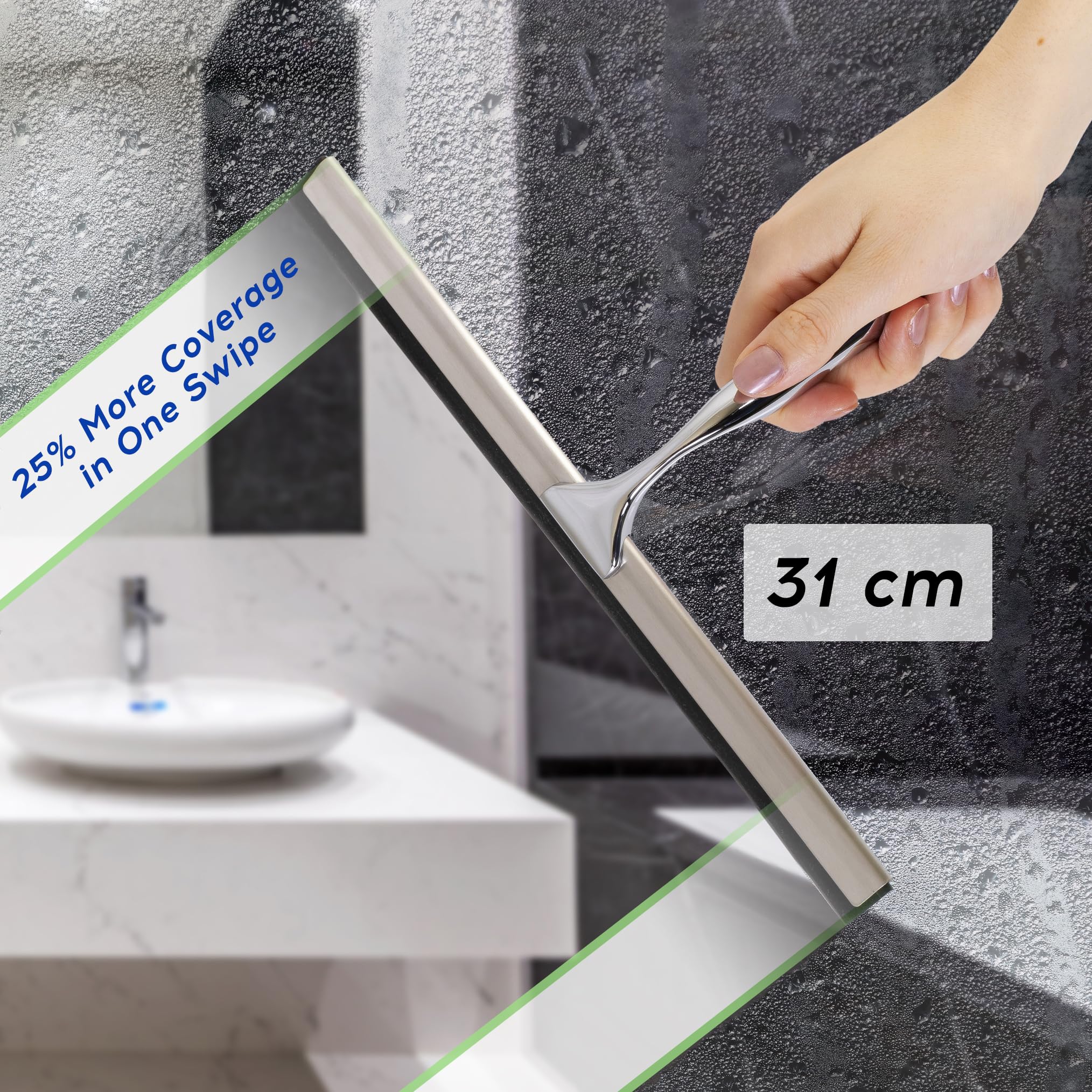 kowald Shower Squeegee Stainless Steel 31 cm Wide with 2 Different Hooks and Replacement Lip