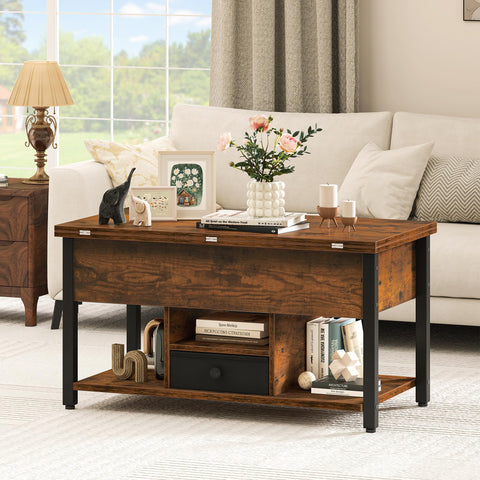 DWVO Lift Top Coffee Table, Converts to Dining Table, Features Drawers & Hidden Storage, Multi-Functional Coffee Table Living Room, Rustic Brown