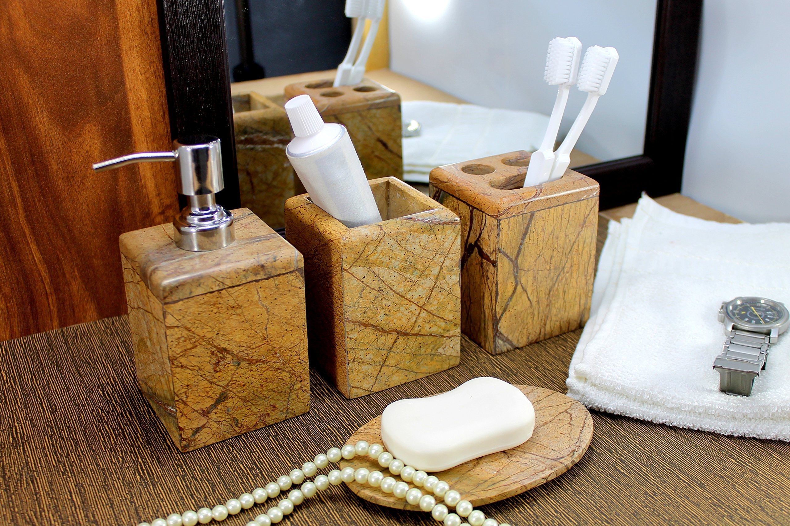 KLEO - Bathroom Accessory Set made from Natural Stone - Bath Accessories set of 4 includes Soap Dispenser, Toothbrush Holder, Tumbler and Soap Dish
