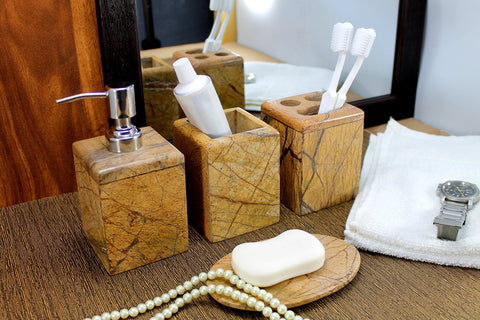 KLEO - Bathroom Accessory Set made from Natural Stone - Bath Accessories set of 4 includes Soap Dispenser, Toothbrush Holder, Tumbler and Soap Dish