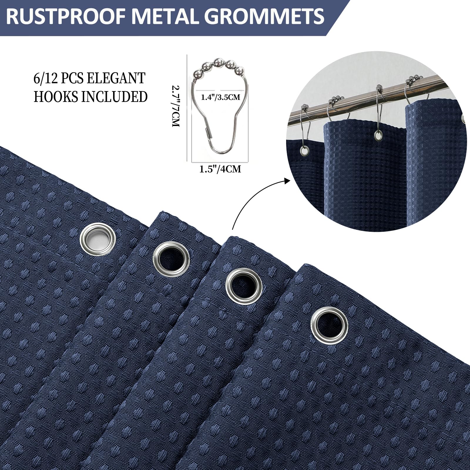 FY&XZH Heavy-Duty Waffle Weave Shower Curtain with Stainless Steel Hooks, Thick Fabric for Bathroom, Hotel, Spa & Salon-183 x 183cm (Navy Blue)