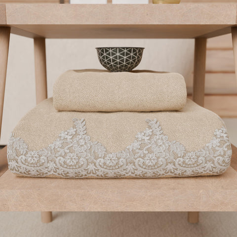 PETTI Artigiani Italiani - 100% Cotton Terry Bath Towels, 1+1 Towel Set, 2 Pieces, 1 Face Towel and 1 Hand Towel, Beige