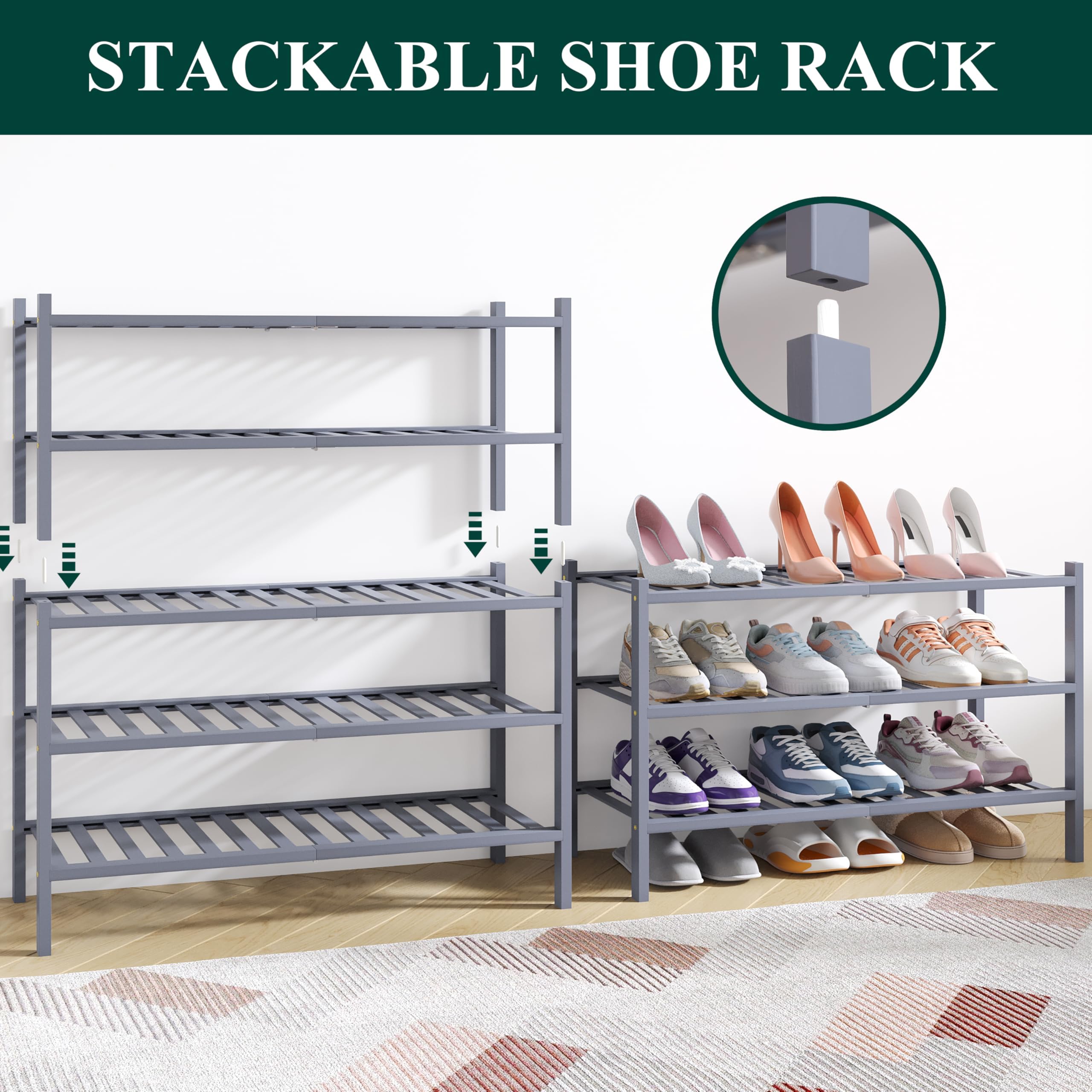 smiry Natural Bamboo Shoe Rack, 2 Tier Wooden Stackable Shoe Storage Organiser, Free Standing Shoes Storage Shelf for Entryway, Hallway, Small Spaces