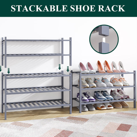smiry Natural Bamboo Shoe Rack, 2 Tier Wooden Stackable Shoe Storage Organiser, Free Standing Shoes Storage Shelf for Entryway, Hallway, Small Spaces