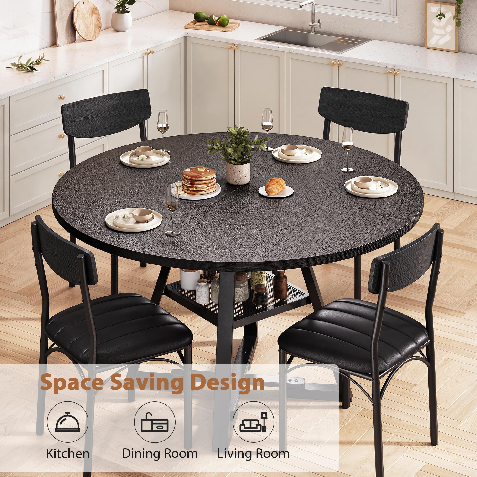 Jocoevol Round Dining Table and 4 Chairs Set of 4, Circle Dinner Table with Shelves, Space Saving Wood Kitchen & Dining Room Furniture