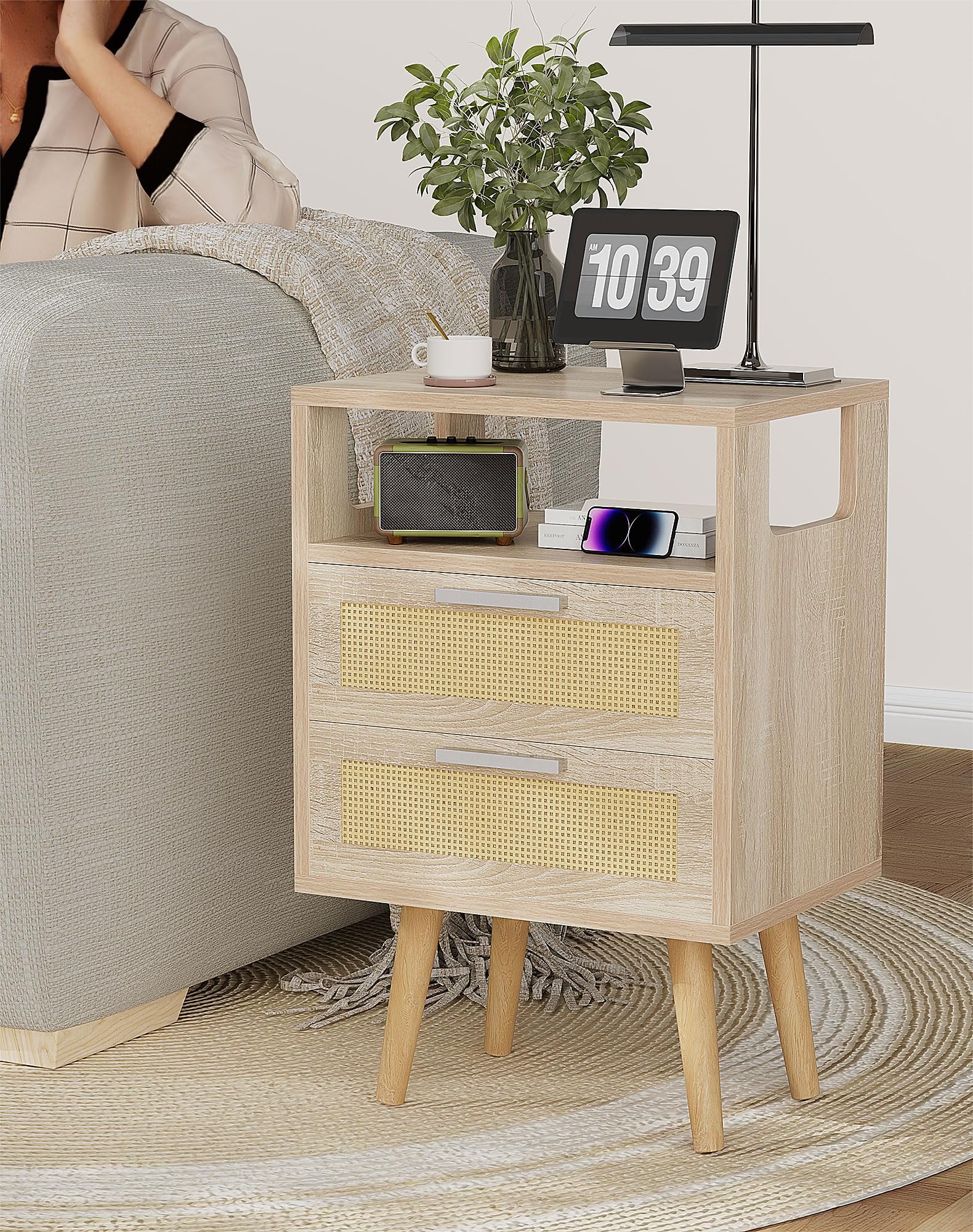 YMYNY Nightstand with 2 Drawers, Boho Side Table, Handmade Rattan Decorated, Open Shelf Unit with Arched Design, Solid Wood Legs