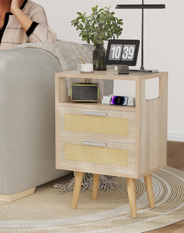 YMYNY Nightstand with 2 Drawers, Boho Side Table, Handmade Rattan Decorated, Open Shelf Unit with Arched Design, Solid Wood Legs