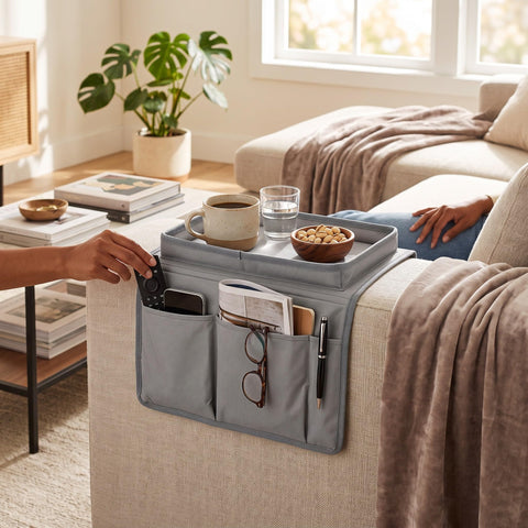 Ejoyous Sofa Armrest Organizer, 4 Pockets Couch Bag for TV Remote Control, Oxford Cloth Armchair Storage with Cup Holder Tray (Gray)