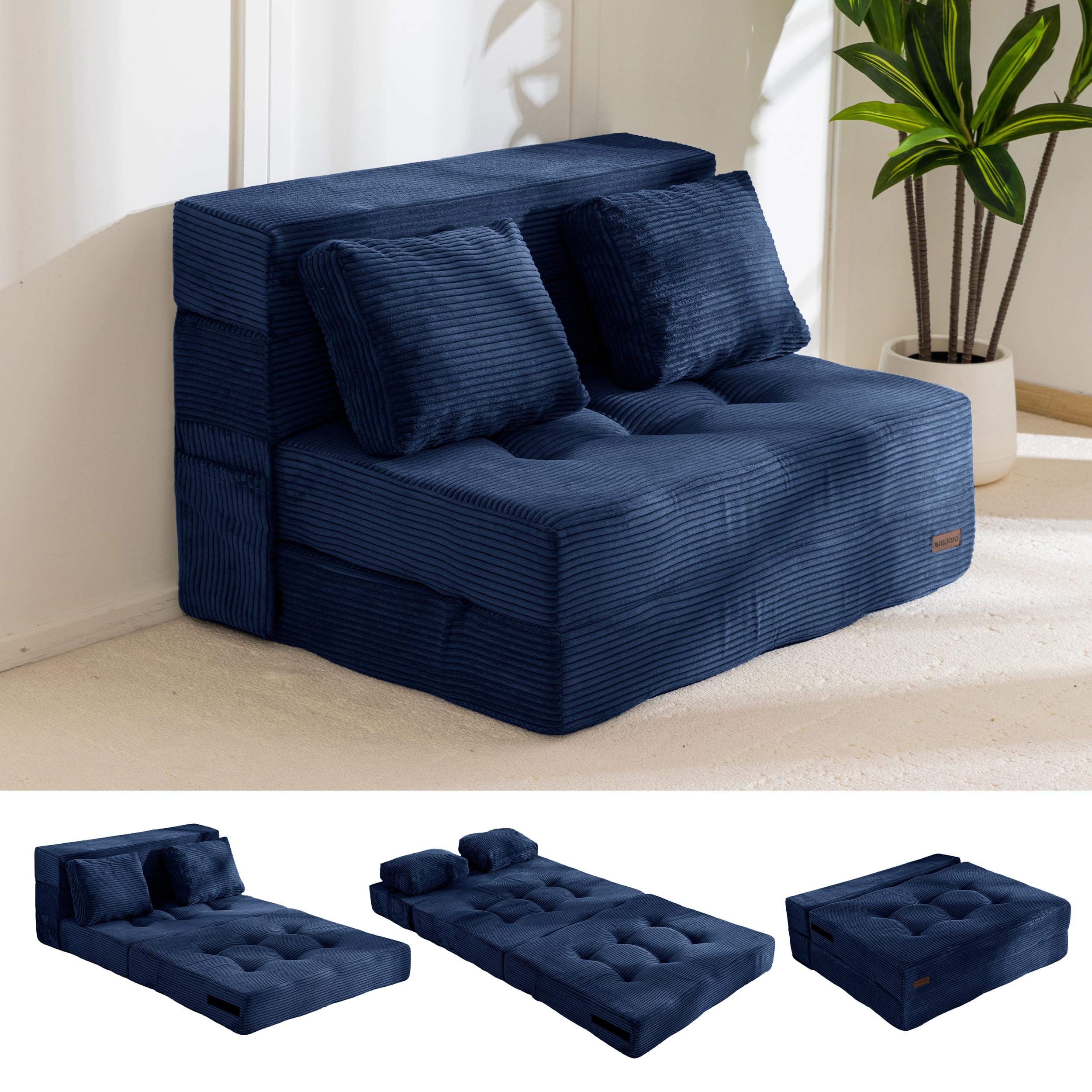 MAXYOYO Folding Foam Sofa Bed, Tri-Fold Mattress with 2 Pillows, Convertible Sofa Chair Futon Z Bed with 15cm Thincken Foam