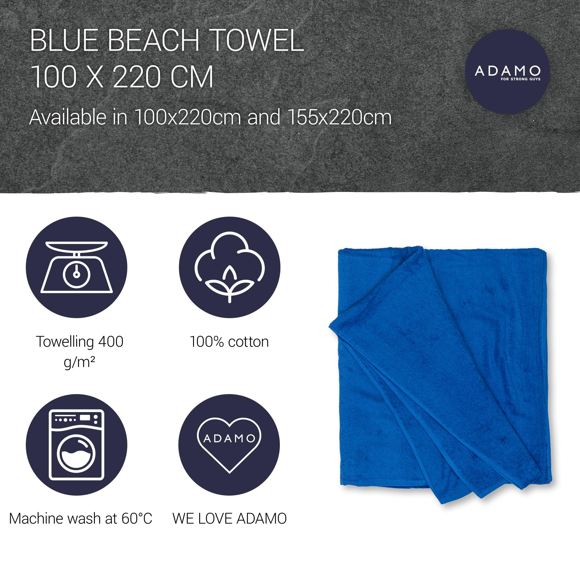 ADAMO Beach Towel XXL, Large (100 x 220 cm) Royalblau, 100% Cotton