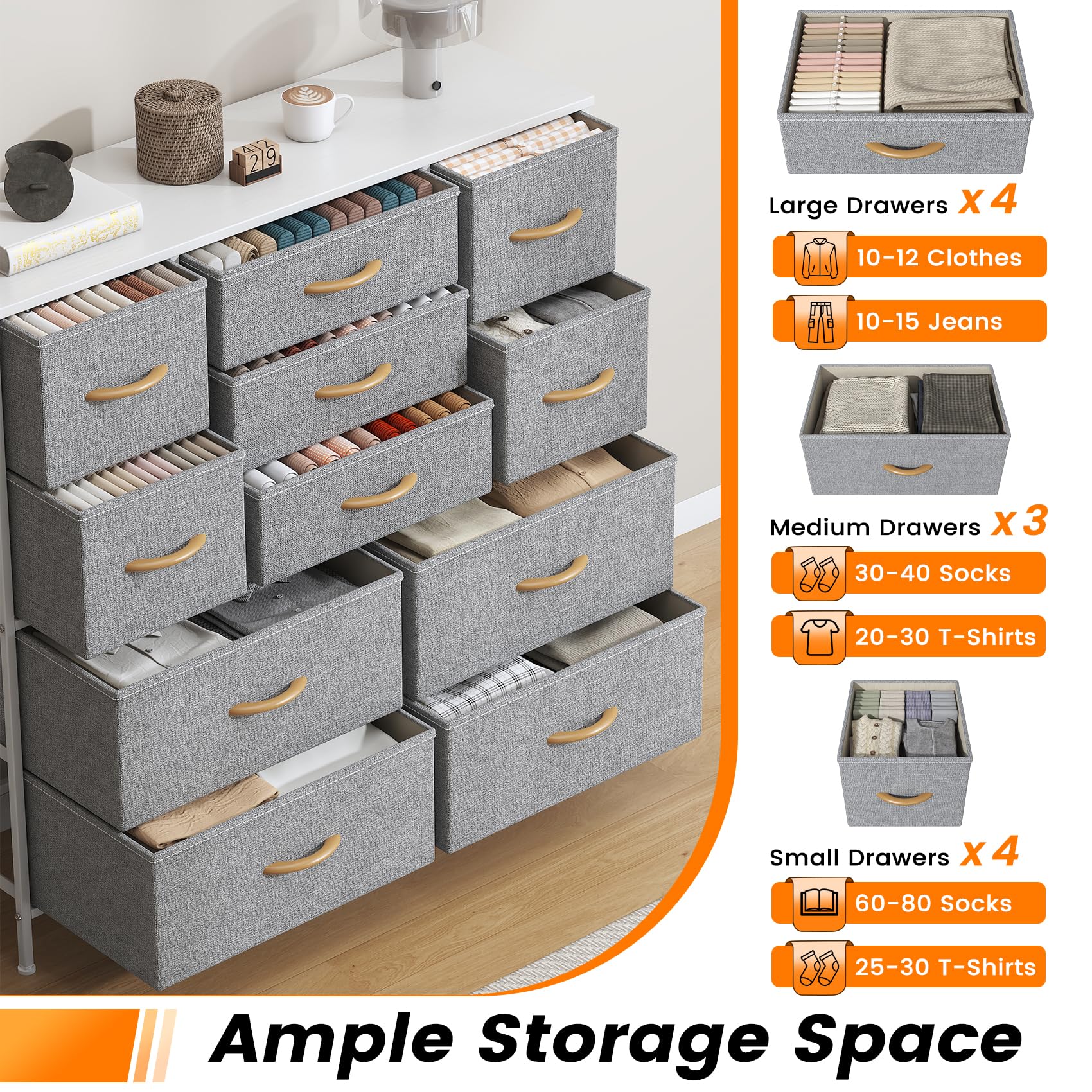 Feonase Chest of Drawers,Bedroom Tall Dresser with 11 Fabric Drawers, Metal Frame & MDF Wood Top, Adjustable Feet, Storage Organizer Unit for Bedroom