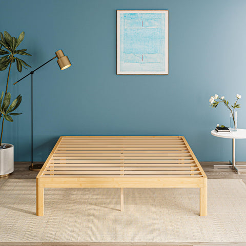 QFtime Bamboo Wood Double Bed Frame, Platform Bed Frame Double with Metal Slats Support, Easy to Install, Noise Free, Sturdy, 35.5 cm High