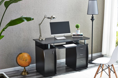 RayGar Black Deluxe Design Computer Desk With Cabinet and 3 Drawers For Home Office Table Workstation - New (Black)