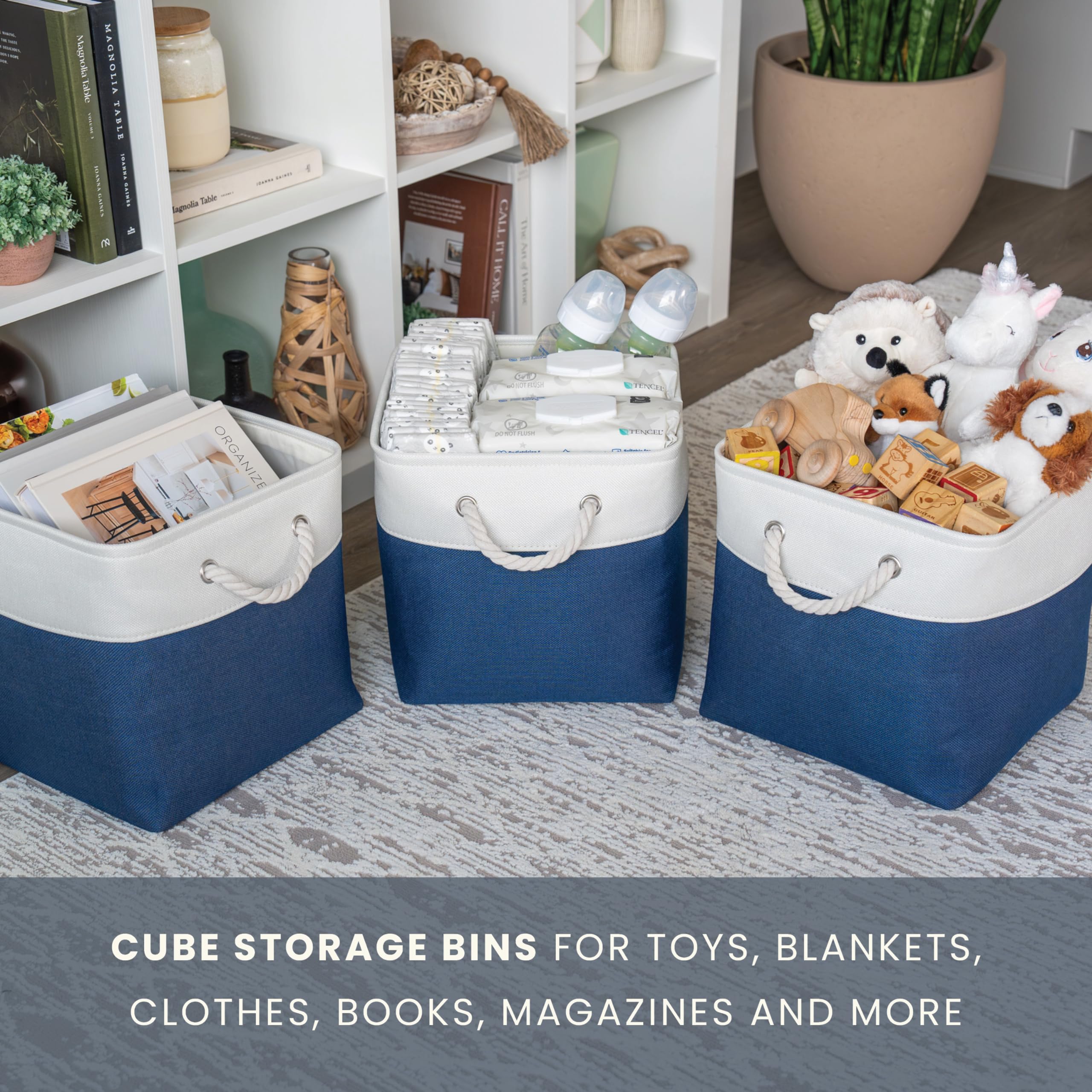 OrganiHaus Fabric Storage Boxes, Set of 4 Foldable 28x28 Cube Organiser Bins with Rope Handles for Shelves, Nursery & Closet