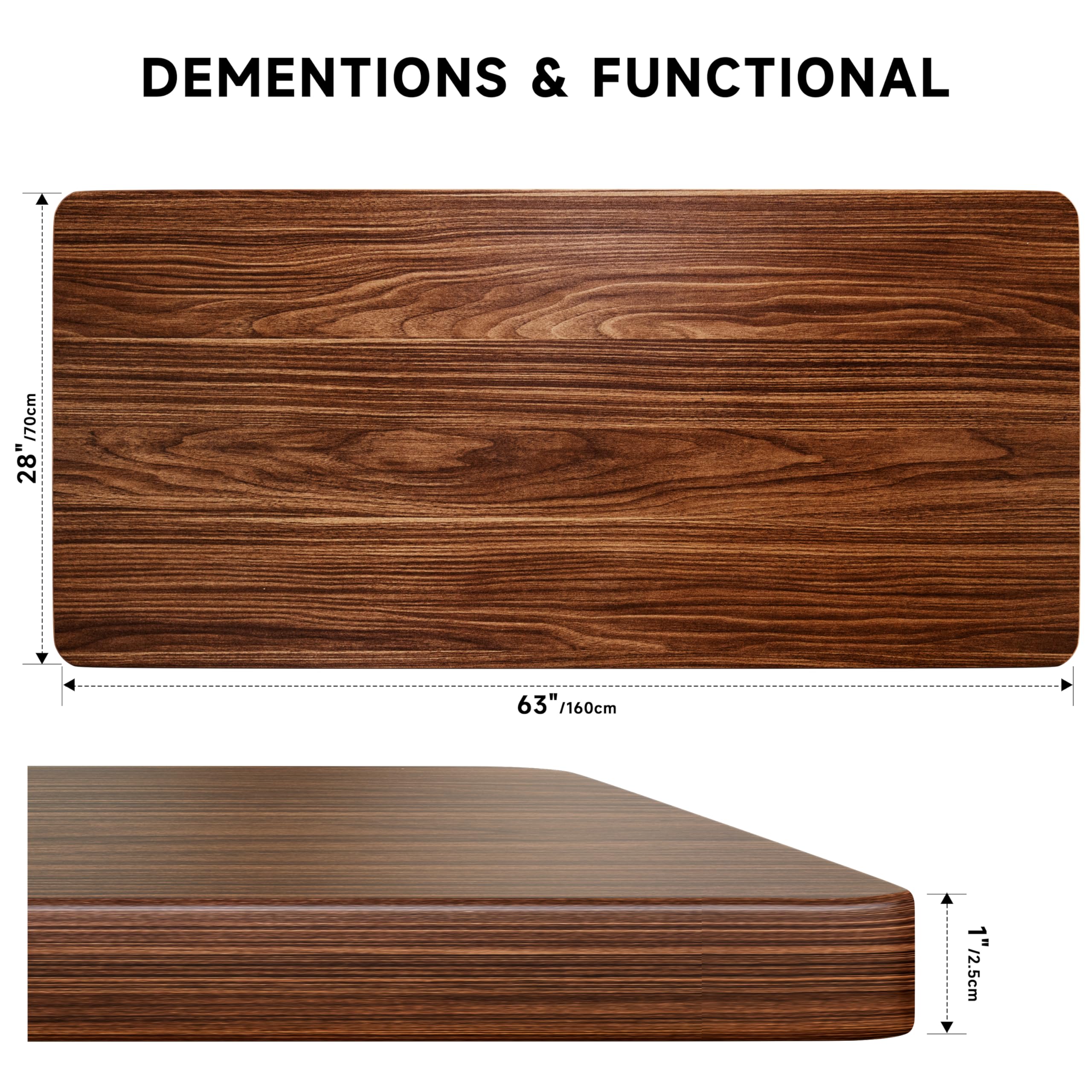 BIZUM Table Top 160 x 70 cm Desk Top Desktop for Height Adjustable Electric Standing Desk, Dining Tables and More DIY - 25 mm Sturdy Durable (Walnut)