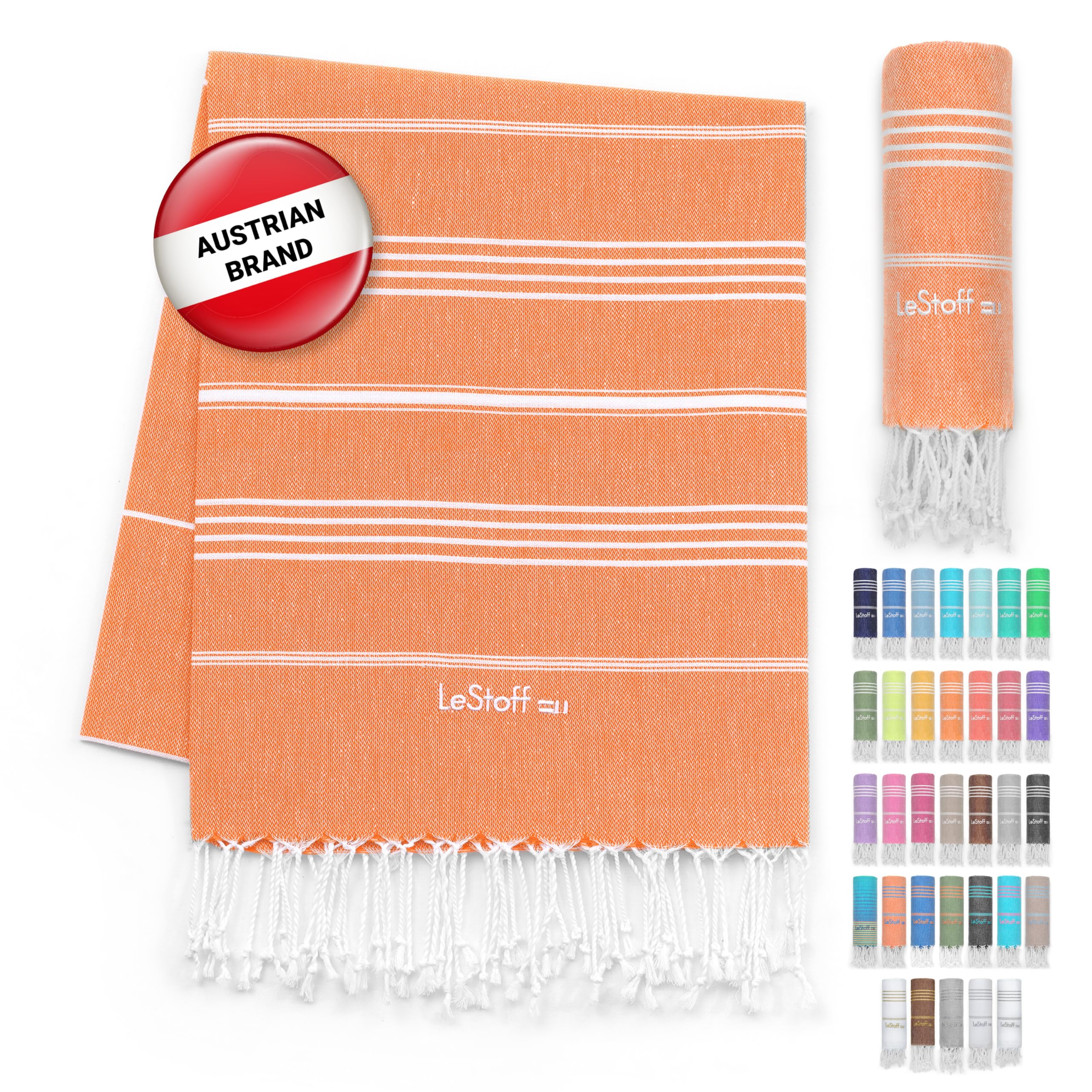 LeStoff Hammam Towel, Beach Towel, 100% Organic Cotton, 95x180 cm, Orange