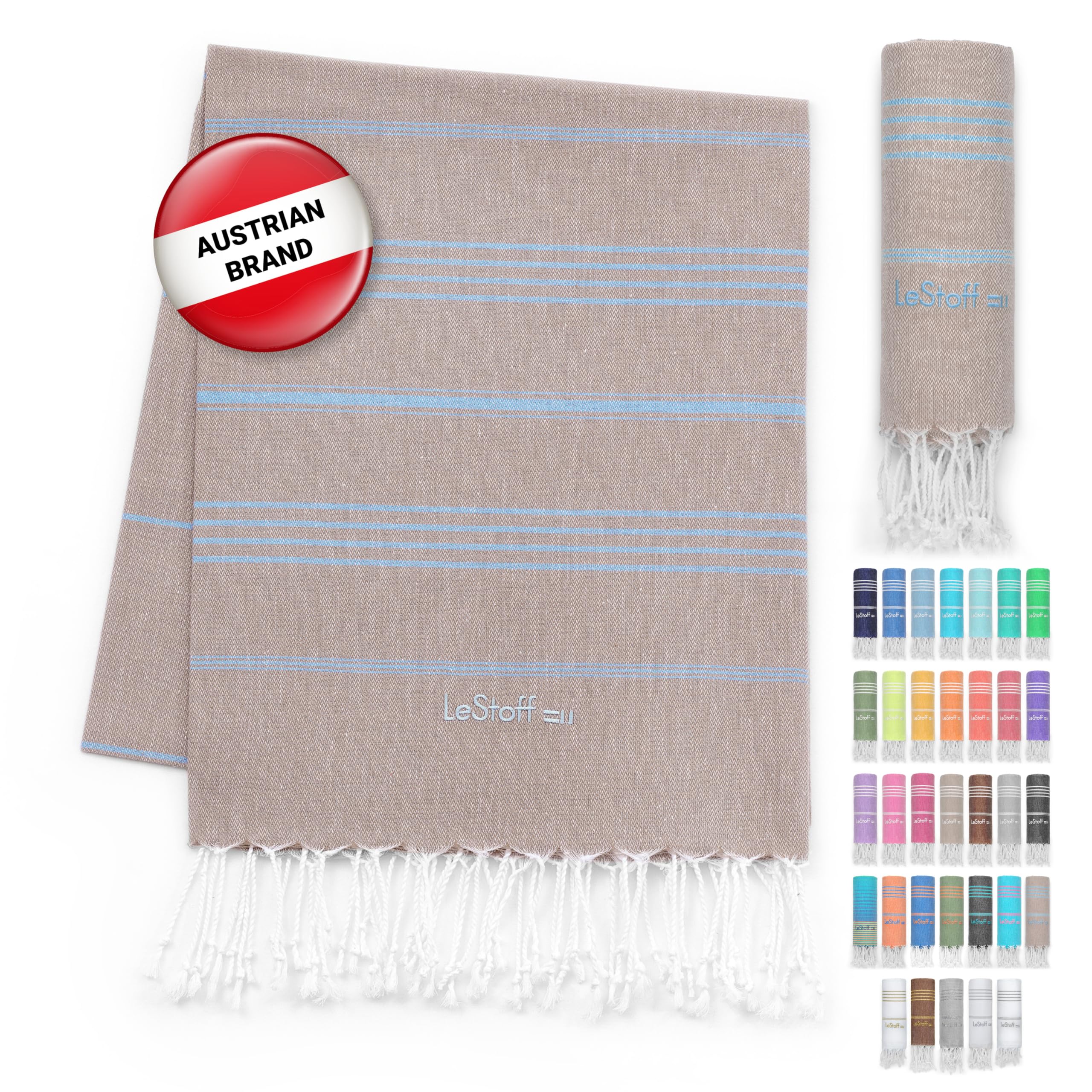 LeStoff Hammam Towel, Beach Towel, Organic Cotton, 95x180, Beige/Light Blue