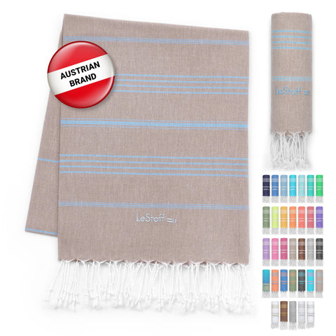 LeStoff Hammam Towel, Beach Towel, Organic Cotton, 95x180, Beige/Light Blue