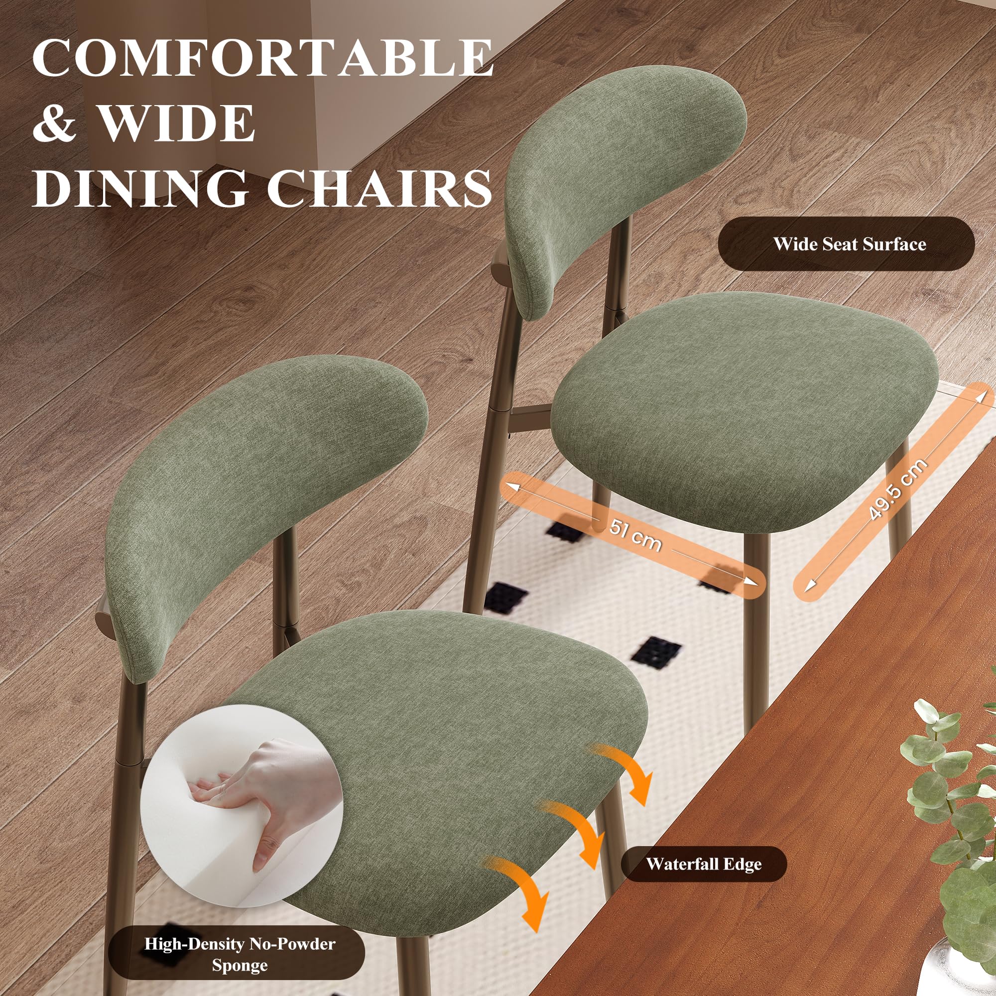 Dining Chairs Set of 2, Upholstered Dining Room Chairs with Ergonomic Curved Backrest, Metal Frame Kitchen Chairs