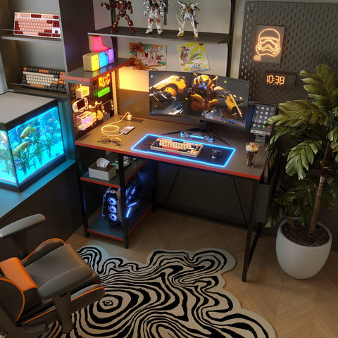Xyphren Gaming Desk with Pegboard & Power Outlet & LED Light, Small Computer Desk with Reversible Shelves for Corner Home Office Desk, 140 * 50cm
