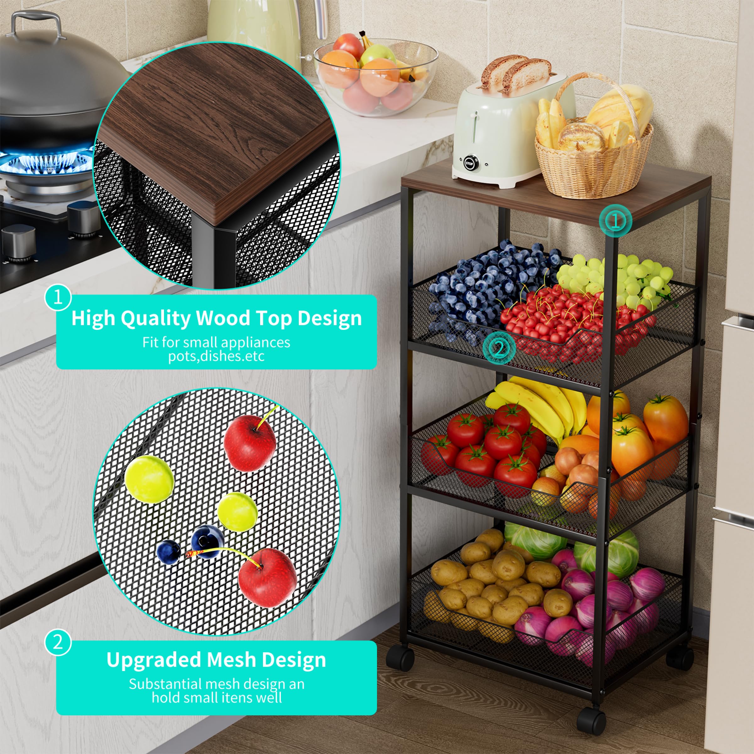 HapiRm Fruit Basket Kitchen Cart - 4-Tier Kitchen Storage Trolley on Wheels