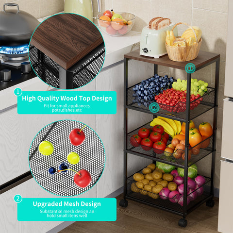 HapiRm Fruit Basket Kitchen Cart - 4-Tier Kitchen Storage Trolley on Wheels