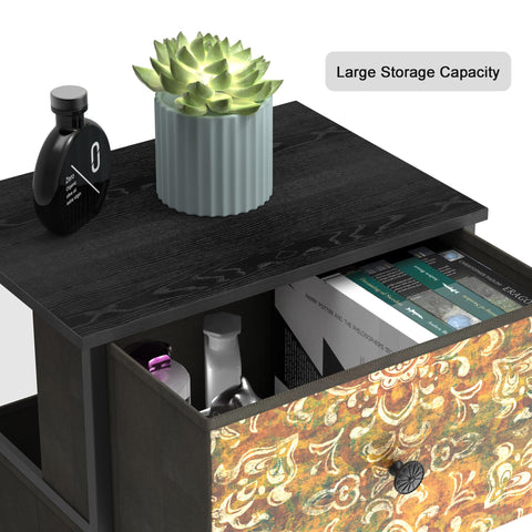 Welfuturer Chest of Drawers with 4 Fabric Drawers Bohemian Print Bedroom Storage Unit Nightstand End Table with Wood Top Metal Frame for Bedroom