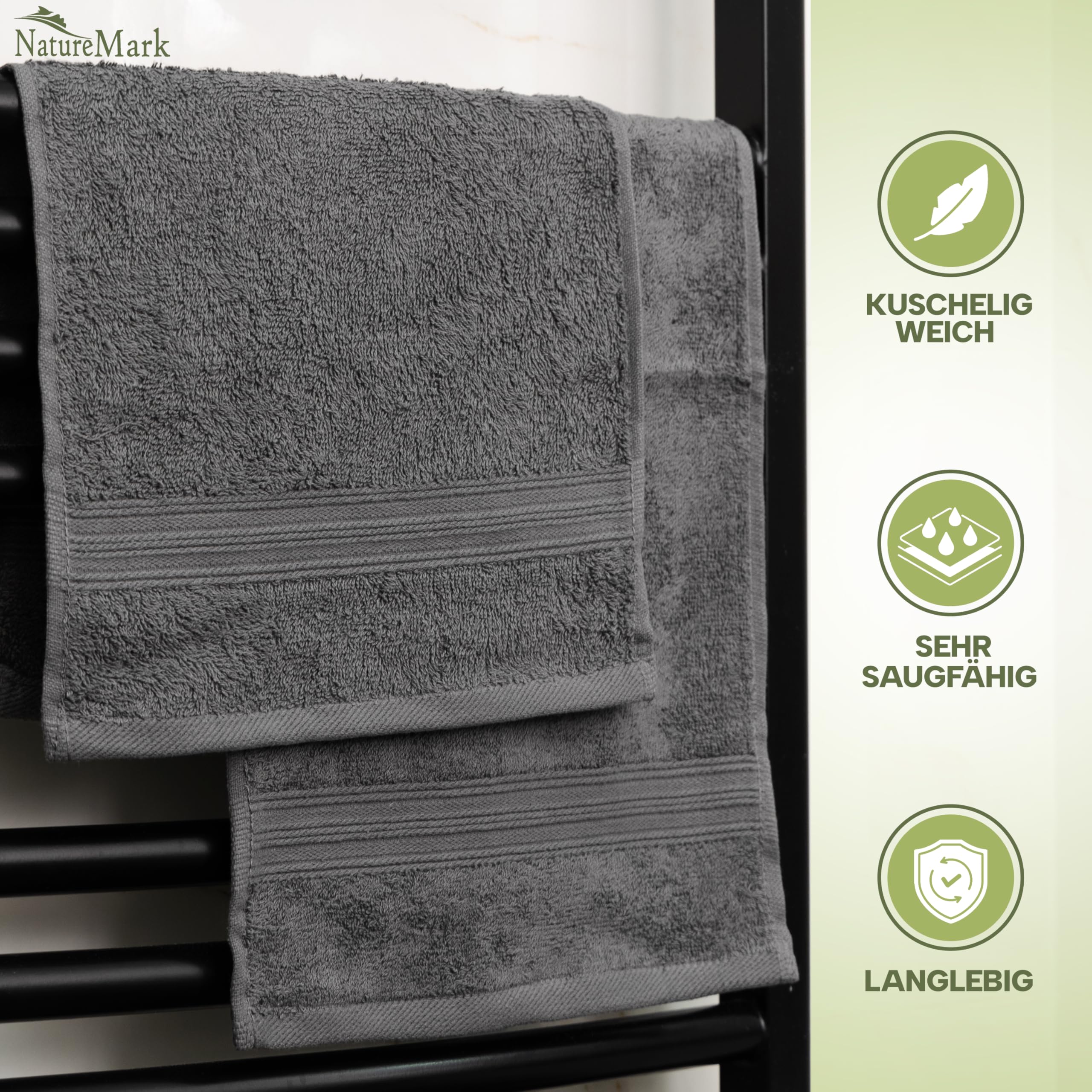 NatureMark Pack of 12 Guest Towels, 30 x 50 cm, 100% Cotton, Anthracite Gray, NM-HT0817