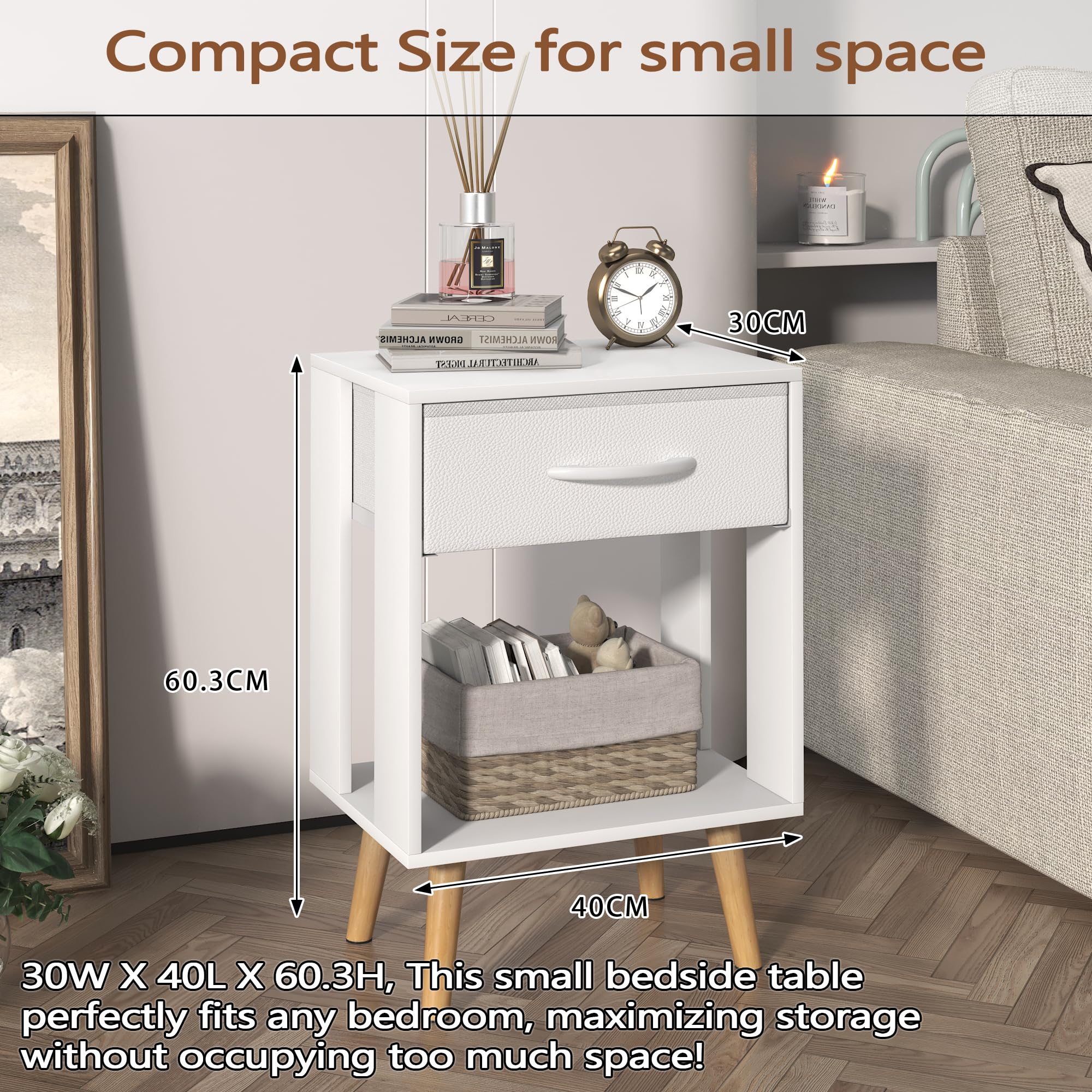 OYRREU White Bedside Table Set of 2 with Drawers & Open Shelf for Bedroom