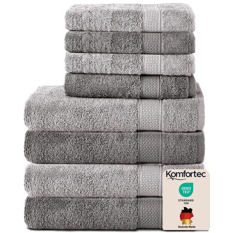 Komfortec Hand Towel Set, 8 Pieces, 100% Cotton, Silver/Anthracite