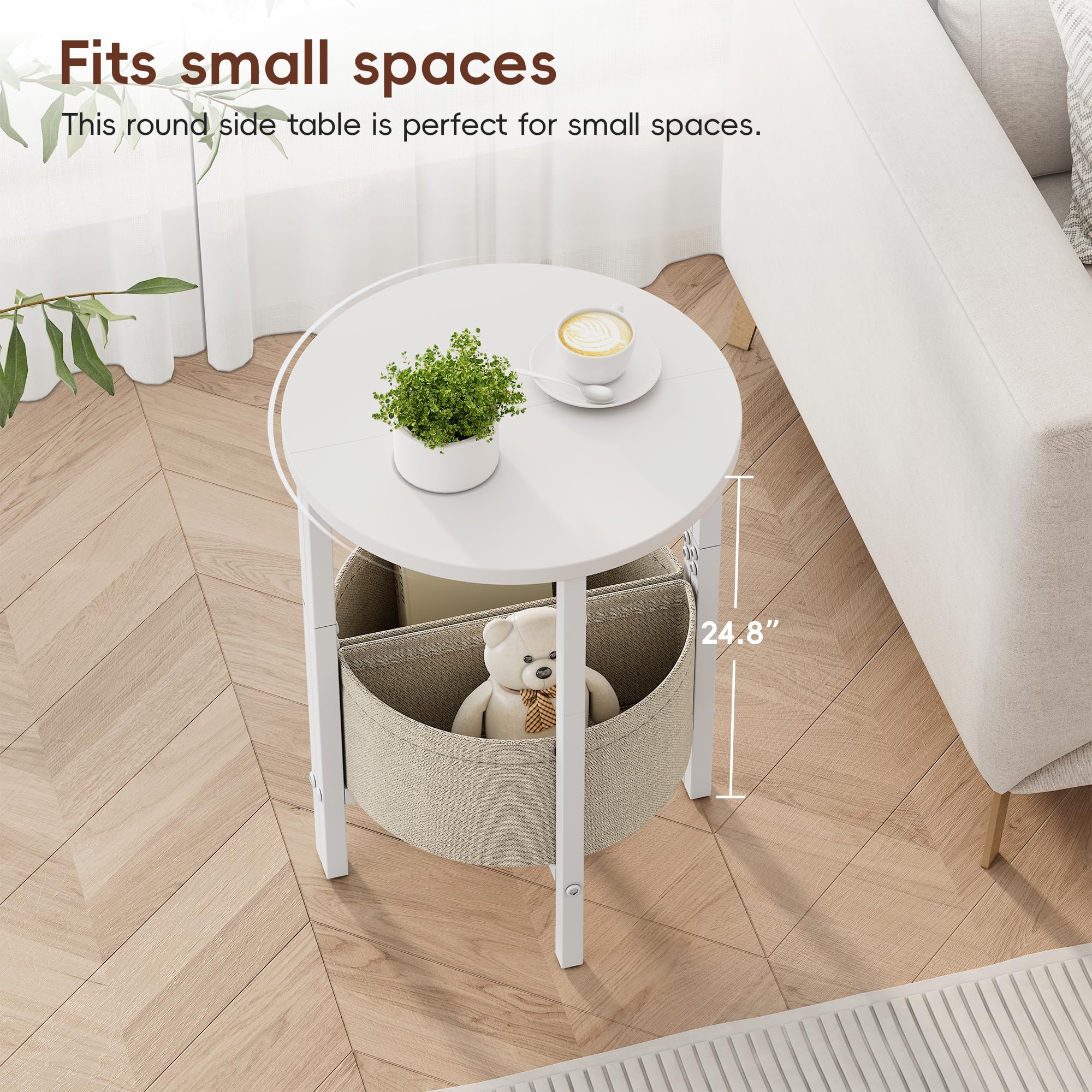 Vagusicc Side Table, Round End Table with Fabric Basket, Small Coffee Table, Set of 2 Half Moon Entry Table, Accent Table Bedside Table