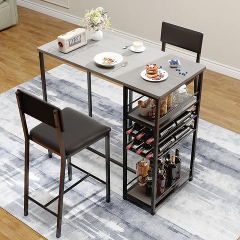 Techigher Bar Table Set, Dining Tables with 2 Upholstered Chairs, 3 Piece Counter Height Kitchen Table Set with 2-Tier Storage Shelves & 2 Wine Racks