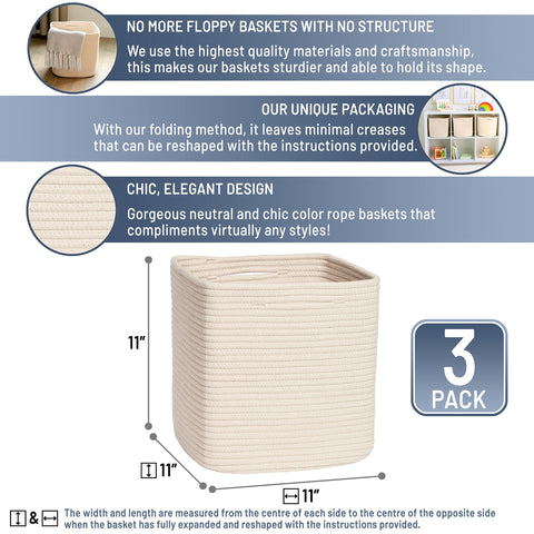 NaturalCozy Storage Cubes 11 Inch Cotton Rope Woven Baskets for Organizing, 3-Pack | Cube Storage Bin | Square Storage Baskets for Shelves Organizer