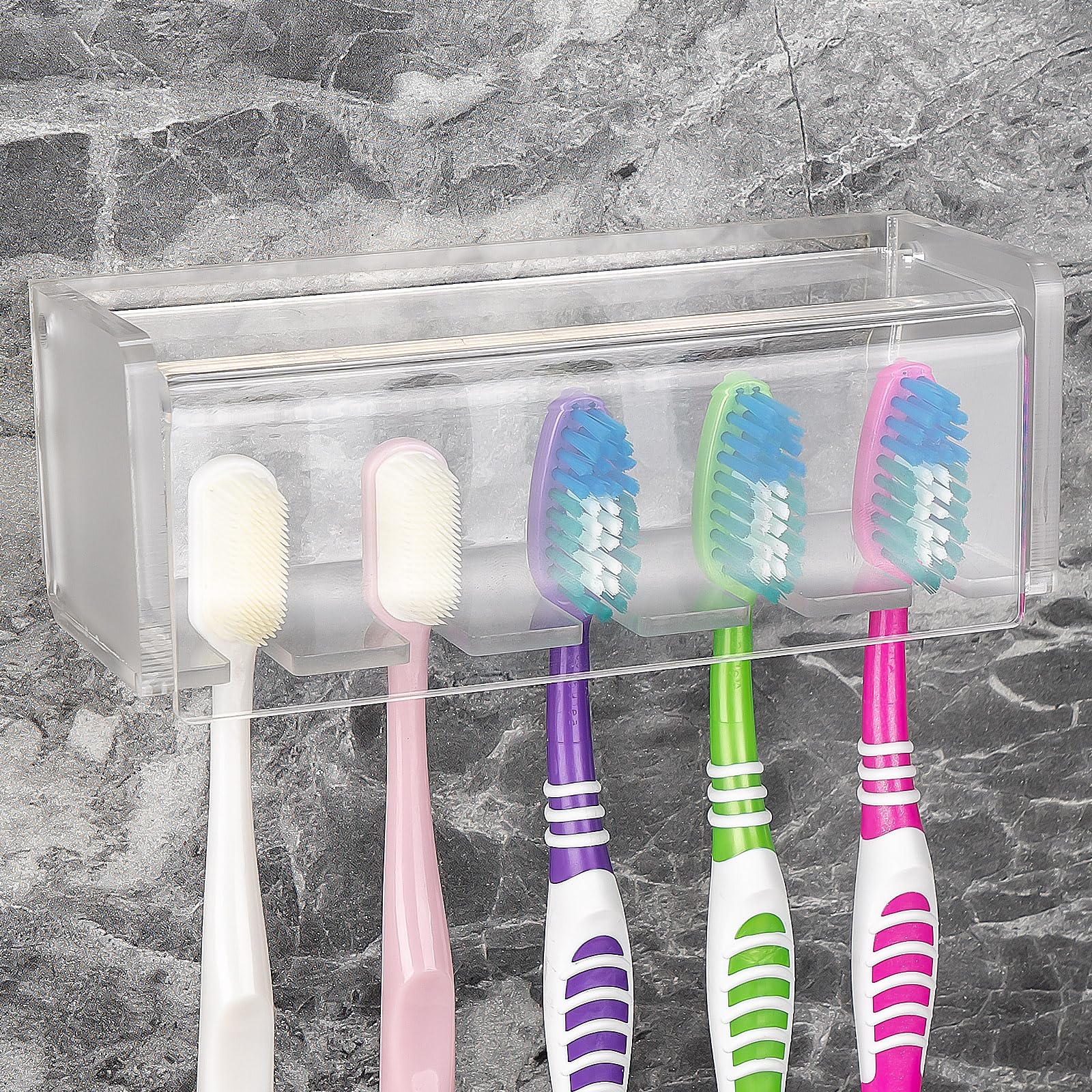 5 Slots Wall Mount Toothbrush Holder with Cover, Self Adhesive Toothbrush Storage Organizer for Shower, Toothbrush Hanger for Bathroom