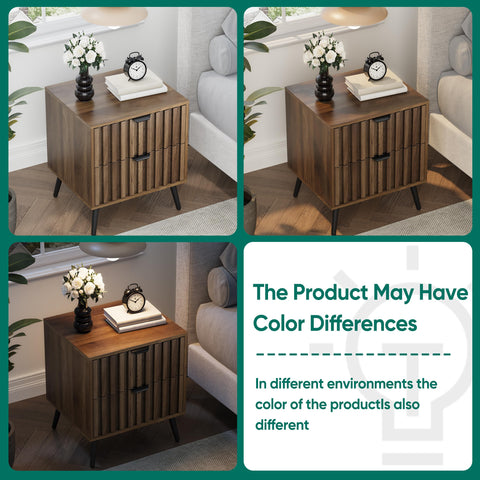 Smuxee Walnut Wooden Night Stand, Mid Century Nightstand with 2 Fluted Drawers, Bedside Table with Open Shelf, Modern End Side Table for Bedroom