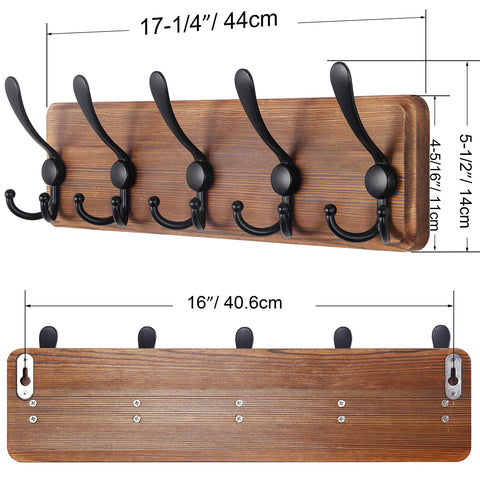 SKOLOO Coat Rack Wall Mounted - Pack of 2, Wooden, Heavy Duty, Rustic Coat Hooks for Wall, 16'' Hole to Hole