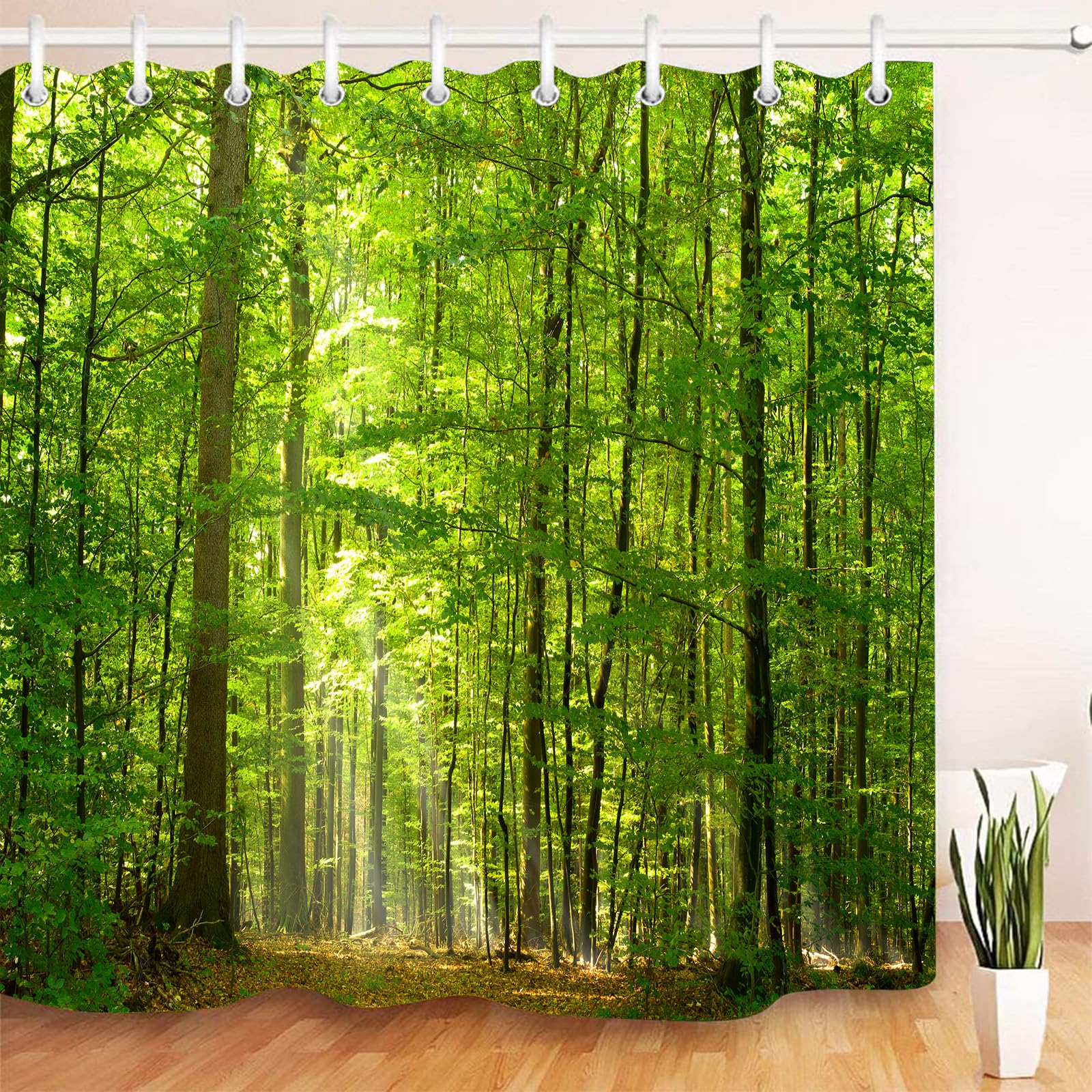 SRJ2018 Woodland Decor Shower Curtain Set Deciduous Forest in Summertime Foliage Sunlight Romantic Holidays Scenics Bathroom Accessories 180x180CM