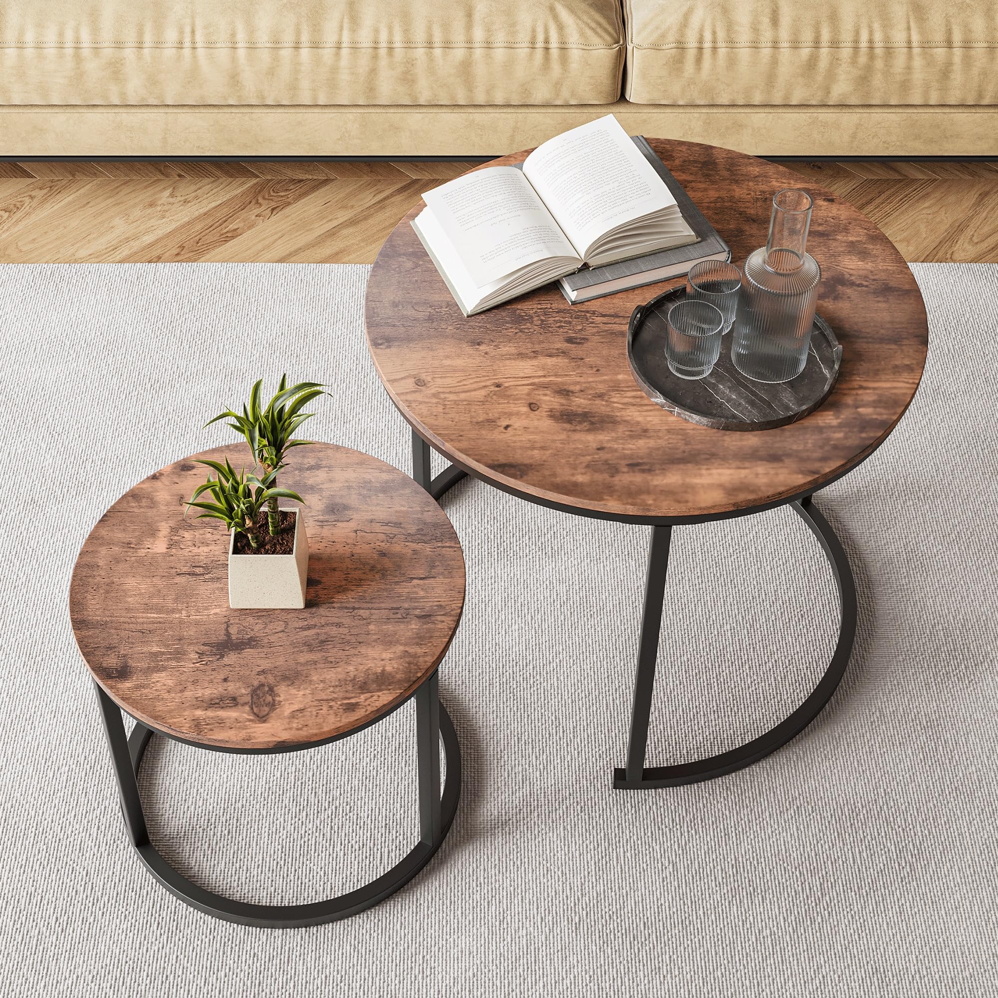 HOJINLINERO Small Round Nesting Coffee Table Set of 2 with Metal Frame and Wood Top, Modern Stacking Side Table for Living Room, Bedroom, Office