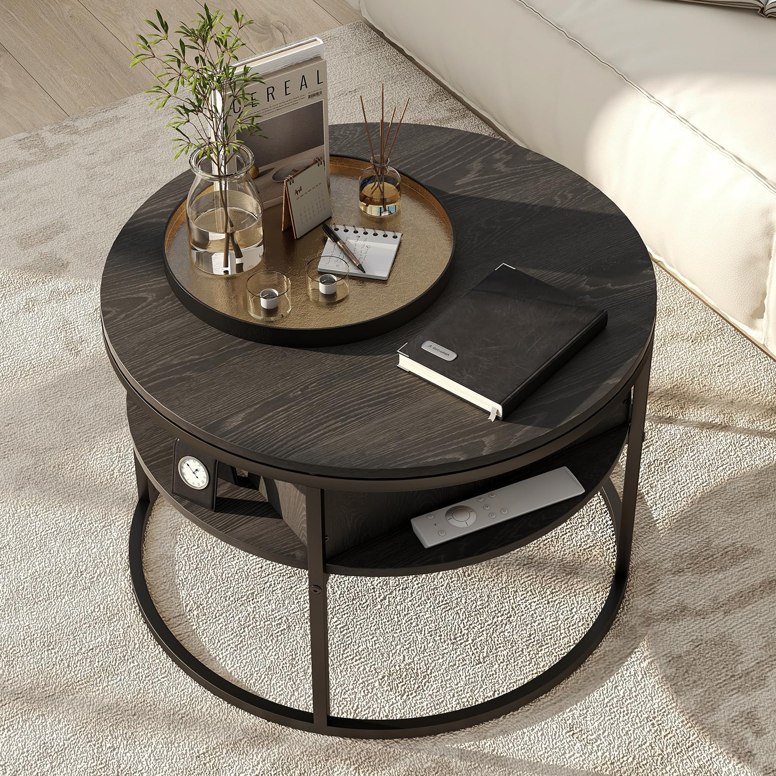 HOJINLINERO Round Coffee Table,Lift Top Coffee Tables for Living Room,Wooden Coffee Table with Hidden Storage & Lift Up Top,Modern Sofa Tea End