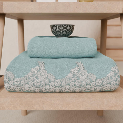 PETTI Artigiani Italiani - 100% Cotton Terry Bath Towels, 1+1 Towel Set, 2 Pieces 1 Face Towel and 1 Hand Towel, Aquamarine