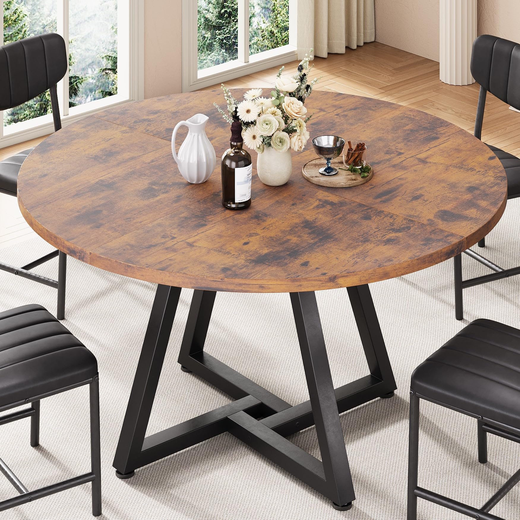 Jocoevol Round Kitchen Dining Table for 2 People, Circle Dinner Table with Metal Frame, Space Saving Wood Industrial Furniture (Vintage, 31 inch