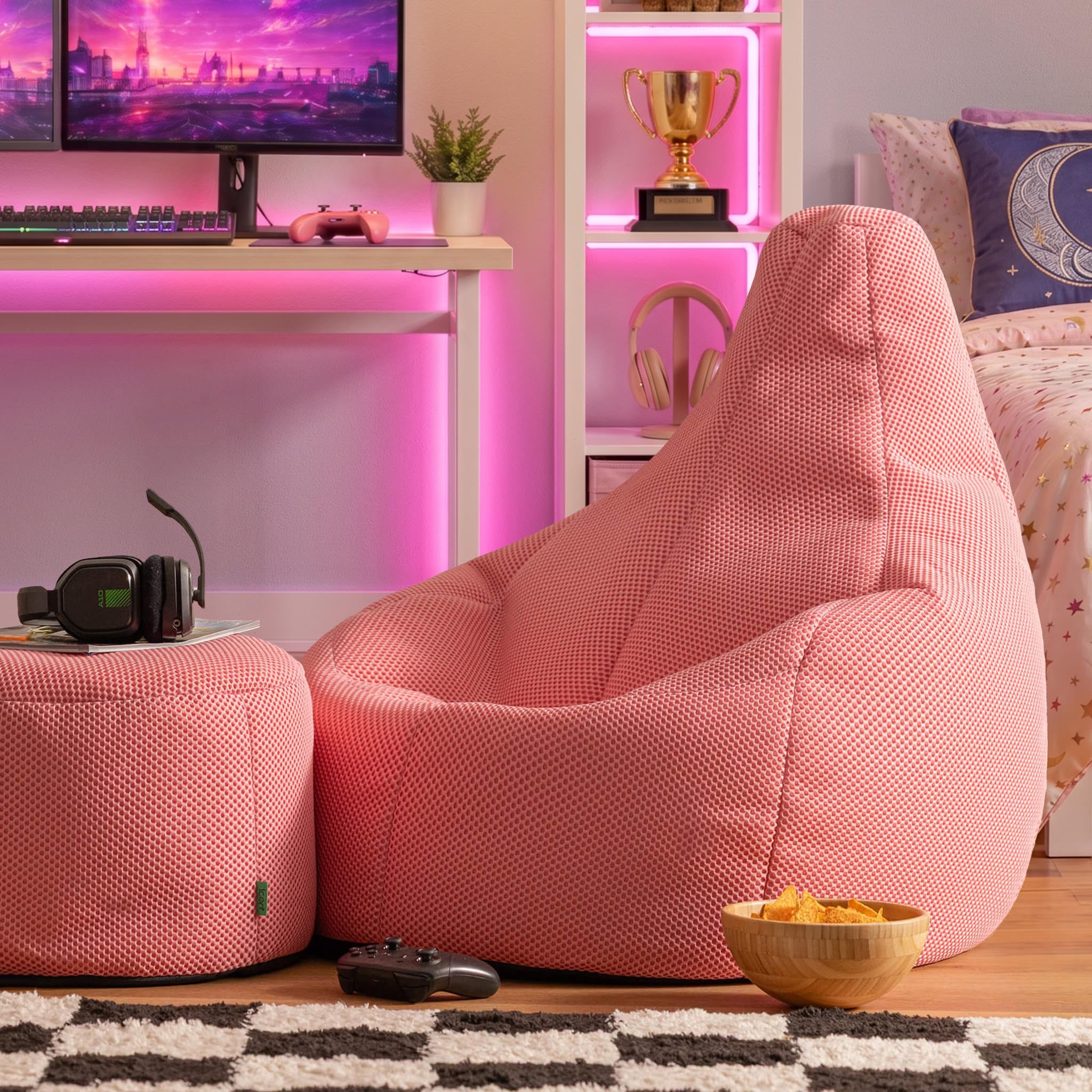 icon Mesh Gaming Bean Bag & Footstool with Filling Included, Pink