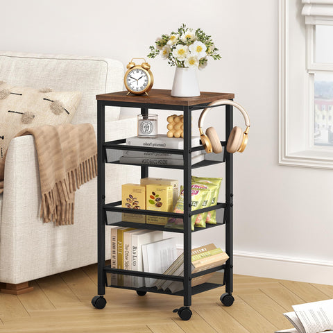 Hoctieon Rolling Storage Cart, 4-Tier Wide Panel Kitchen Storage Cart, Utility Carts with Handle & Wheels, Mobile Shelving Unit
