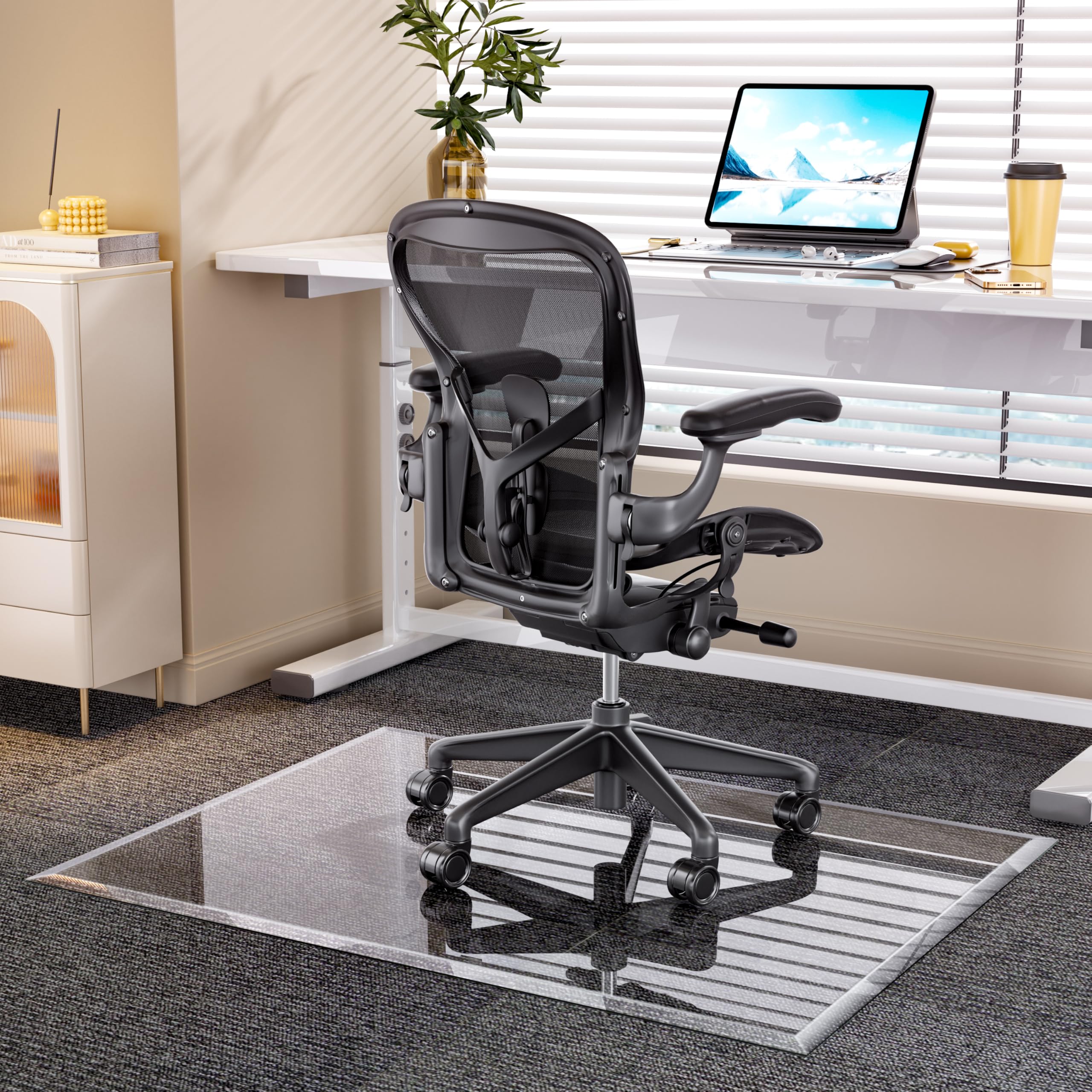 [Tempered Glass] 121 x 91cm Beveled Edge Glass Chair Mat with Polished Edge Clear Office Chair Mat, Glides Smoothly