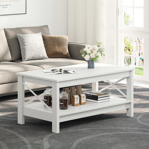 YITAHOME Coffee Table, Small 2-Tier Wooden Table with Storage Shelf, 100x55.3x45cm White Coffee Tables for Living Room