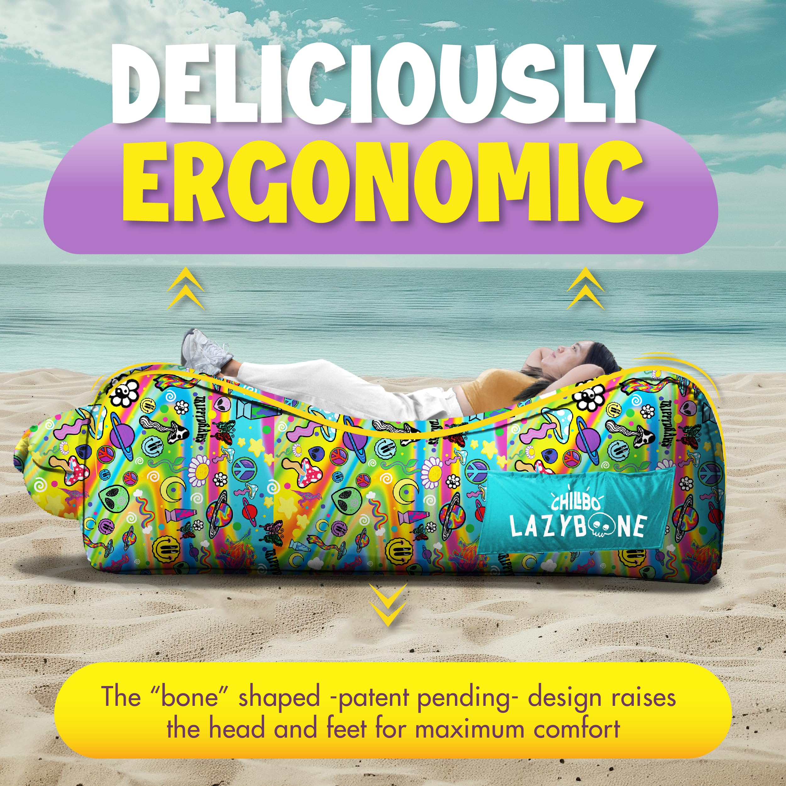 Chillbo x TrippyDraws Lazybone Inflatable Couch - Ultimate Inflatable Lounger for Maximum Chill - The Perfect Blow Up Couch for Music Festivals
