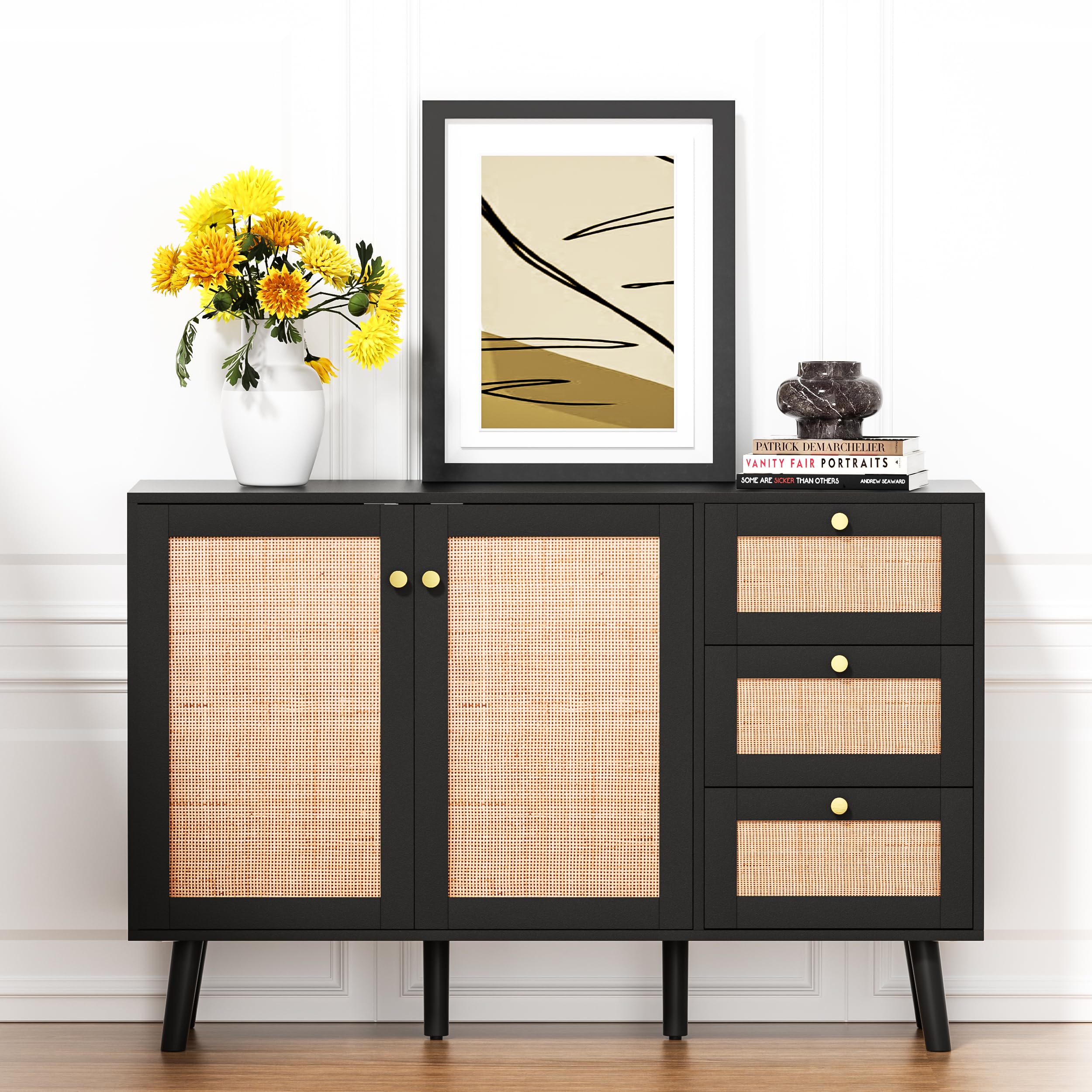 Skokliz Sideboard, Modern Storage Cabinet with 3 Drawers, Buffet Storage Cabinet 2 Doors and Adjustable Shelves