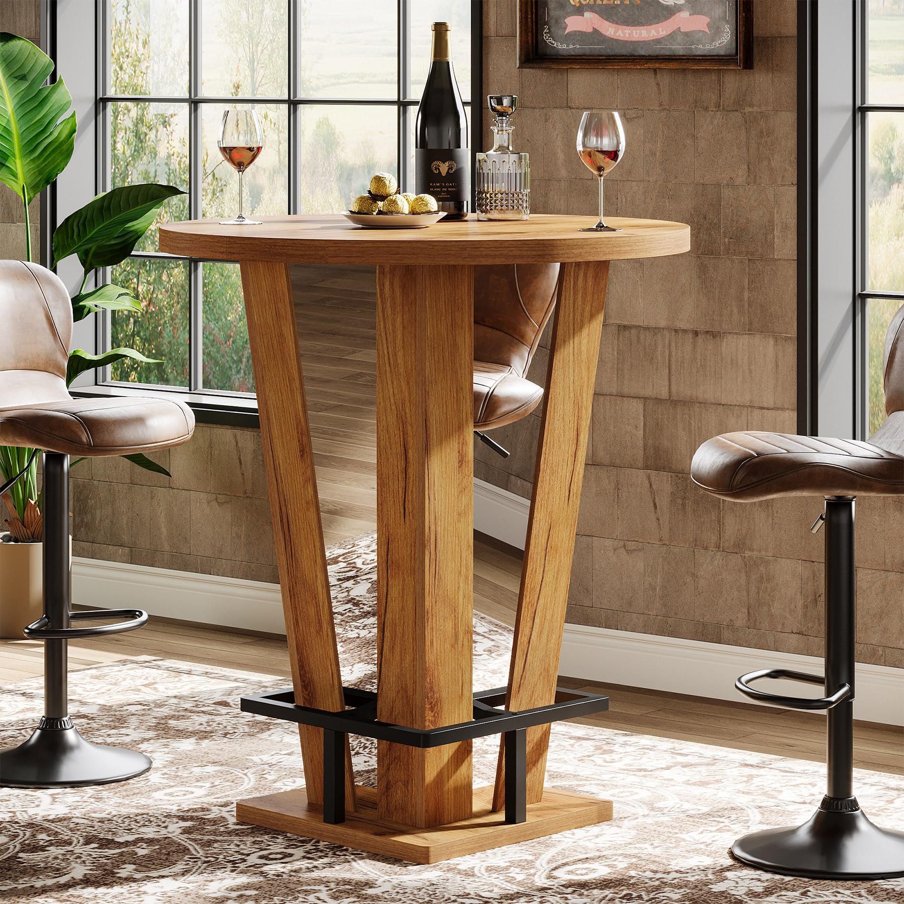 Tribesigns Round Bar Table, 39.4" H High Top Cocktail Bistro Pub Table with Metal Footrest for Living Room, Small Space, Brown