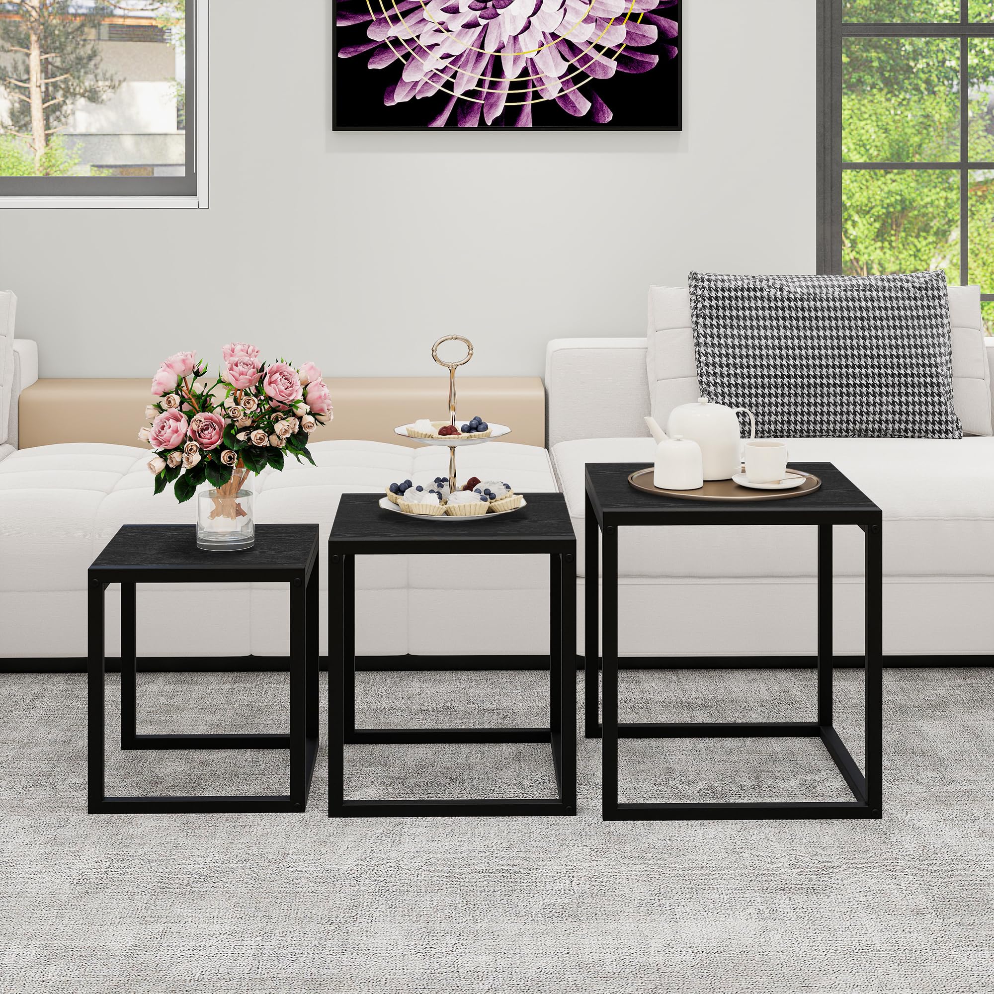 HAHRIR Nesting Coffee Table Set of 3, Stacking Metal Side Tables, Black